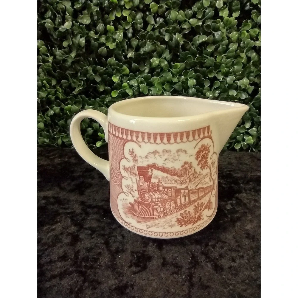Vtg Mauve Red Transferware Creamer Locomotive Train Scene Unbranded Pink Rose